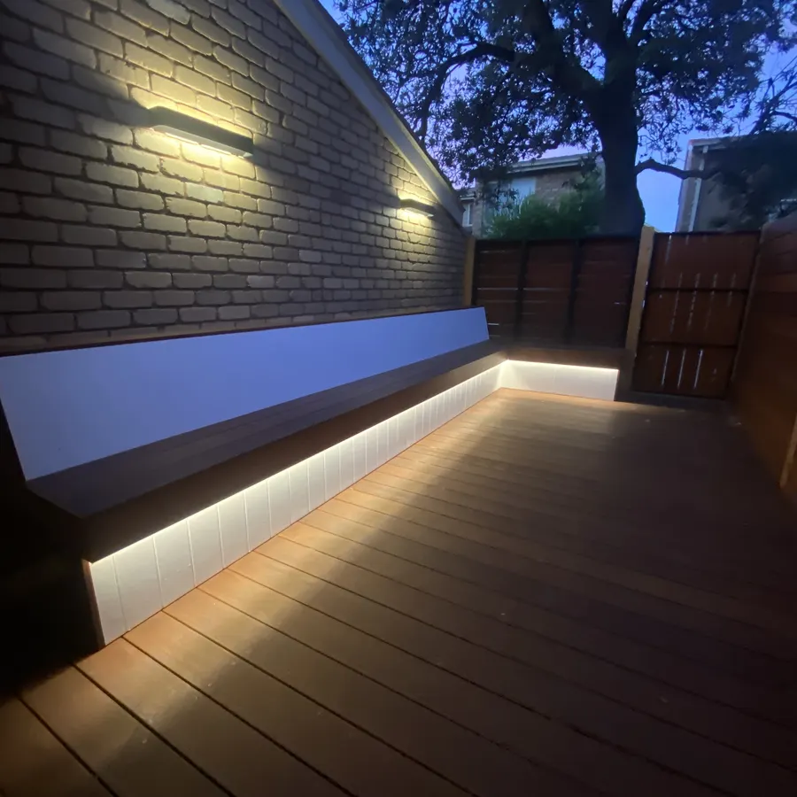 Merbau deck at dusk with integrated strip lighting