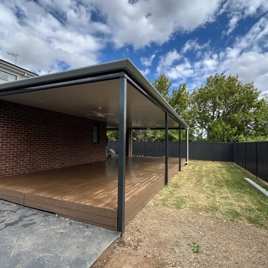 Covered outdoor entertaining area with a timber deck
